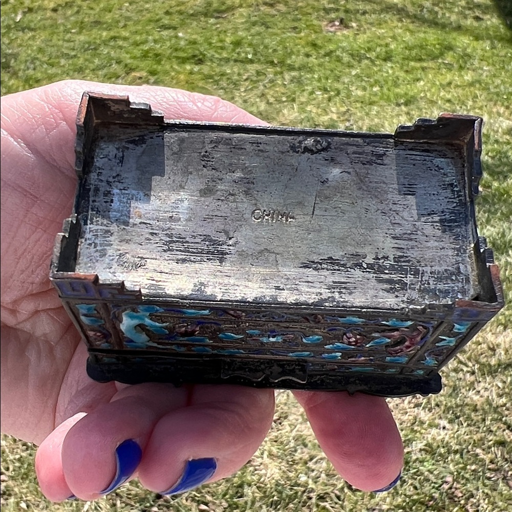 Antique Chinese Silver Plated Blue Purple Enamel Stamp Box Trinket Box - Picture 8 of 17